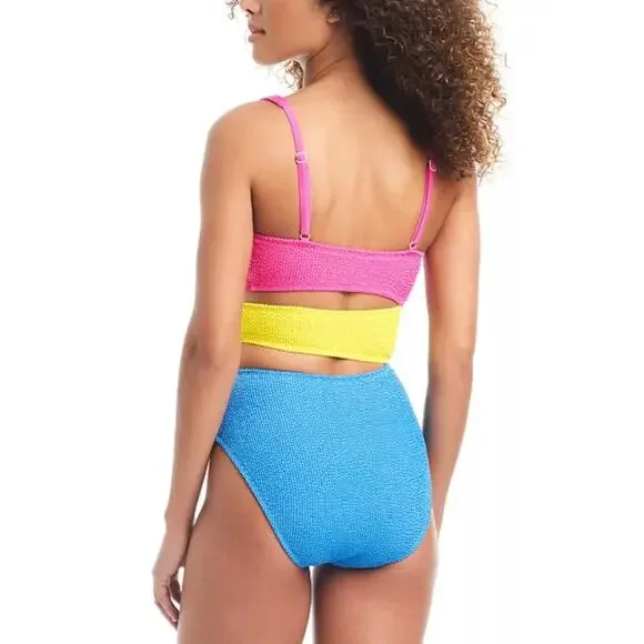 Bar III Cut Out One Piece Swimsuit XL Blue/Yellow/Pink NWT - Picture 2 of 13